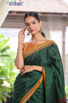 Traditional Khun - Cotton Resham Handwoven Saree (Lush Green with Mustard Border) - verymuchindian.com