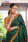Traditional Khun - Cotton Resham Handwoven Saree (Lush Green with Mustard Border) - verymuchindian.com
