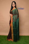 Traditional Khun Saree - Cotton Resham Authentic Handwoven Saree, Dual Tone Green Weave with Yellow Border - verymuchindian.com