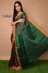 Traditional Khun Saree - Cotton Resham Authentic Handwoven Saree, Dual Tone Green Weave with Yellow Border - verymuchindian.com