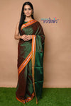 Traditional Khun Saree - Cotton Resham Authentic Handwoven Saree, Dual Tone Green Weave with Yellow Border - verymuchindian.com