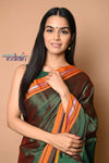 Traditional Khun Saree - Cotton Resham Authentic Handwoven Saree, Dual Tone Green Weave with Yellow Border - verymuchindian.com