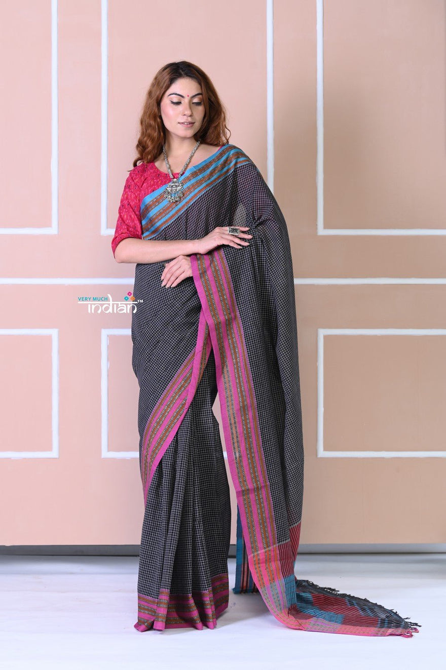 Traditional Patteda Anchu Ilkal Handloom Saree~ Black With Blue And Pink Border - verymuchindian.com