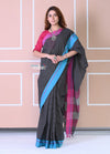 Traditional Patteda Anchu Ilkal Handloom Saree~ Black With Solid Pink and Blue Border - verymuchindian.com