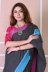 Traditional Patteda Anchu Ilkal Handloom Saree~ Black With Solid Pink and Blue Border - verymuchindian.com
