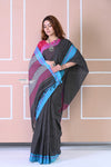 Traditional Patteda Anchu Ilkal Handloom Saree~ Black With Solid Pink and Blue Border - verymuchindian.com