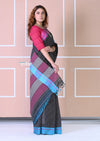 Traditional Patteda Anchu Ilkal Handloom Saree~ Black With Solid Pink and Blue Border - verymuchindian.com