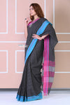 Traditional Patteda Anchu Ilkal Handloom Saree~ Black With Solid Pink and Blue Border - verymuchindian.com