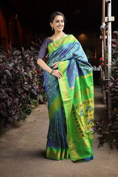 Utsaav ~ Authentic Handloom Pure Silk Maharani Paithani - Beautiful Dual Tone Blue with Fresh Green Border and Pallu - verymuchindian.com