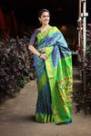 Utsaav ~ Authentic Handloom Pure Silk Maharani Paithani - Beautiful Dual Tone Blue with Fresh Green Border and Pallu - verymuchindian.com