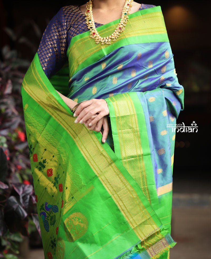 Utsaav ~ Authentic Handloom Pure Silk Maharani Paithani - Beautiful Dual Tone Blue with Fresh Green Border and Pallu - verymuchindian.com