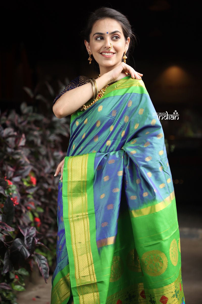 Utsaav ~ Authentic Handloom Pure Silk Maharani Paithani - Beautiful Dual Tone Blue with Fresh Green Border and Pallu - verymuchindian.com