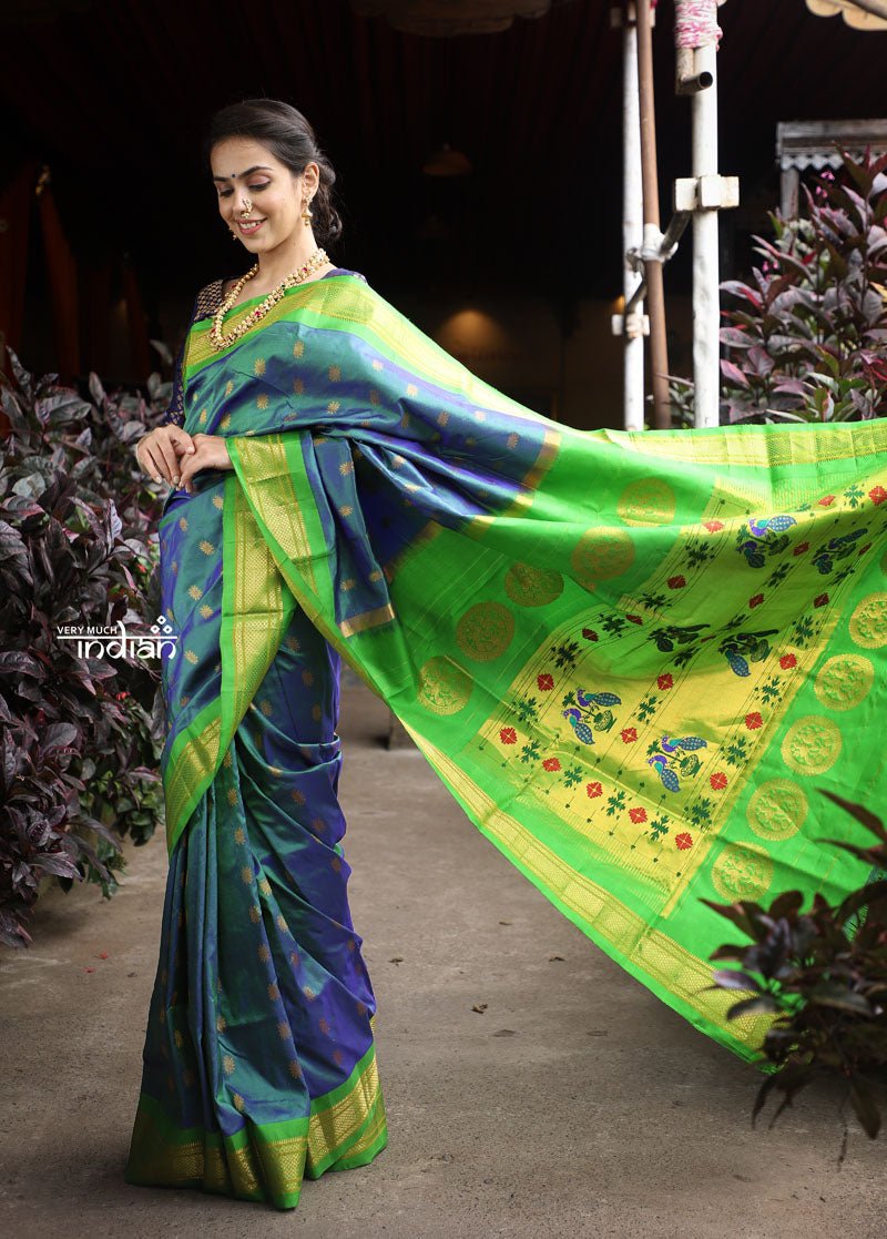 Utsaav ~ Authentic Handloom Pure Silk Maharani Paithani - Beautiful Dual Tone Blue with Fresh Green Border and Pallu - verymuchindian.com
