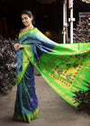 Utsaav ~ Authentic Handloom Pure Silk Maharani Paithani - Beautiful Dual Tone Blue with Fresh Green Border and Pallu - verymuchindian.com