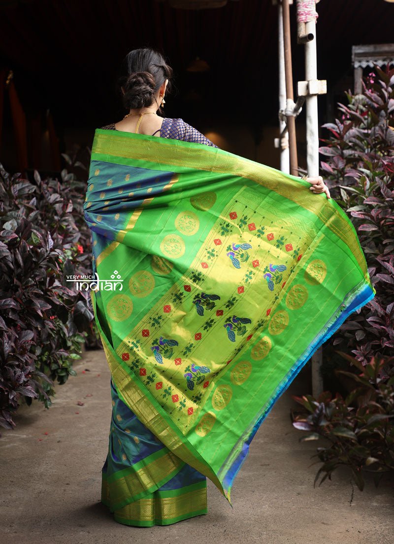 Utsaav ~ Authentic Handloom Pure Silk Maharani Paithani - Beautiful Dual Tone Blue with Fresh Green Border and Pallu - verymuchindian.com