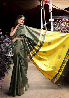 Utsaav ~ Raw Dupion Silk saree in Dark Olive Green and Pastel Yellow - verymuchindian.com