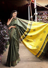 Utsaav ~ Raw Dupion Silk saree in Dark Olive Green and Pastel Yellow - verymuchindian.com