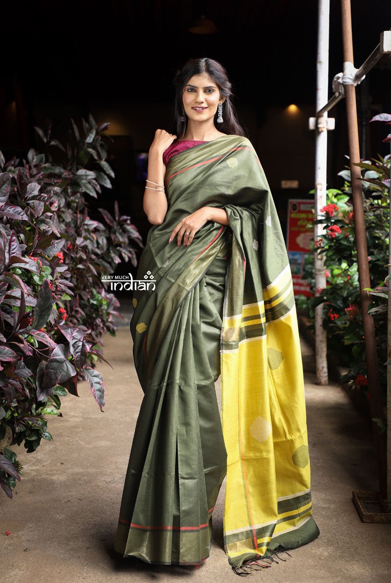 Utsaav ~ Raw Dupion Silk saree in Dark Olive Green and Pastel Yellow - verymuchindian.com