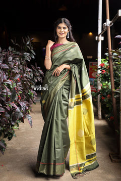 Utsaav ~ Raw Dupion Silk saree in Dark Olive Green and Pastel Yellow - verymuchindian.com
