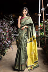 Utsaav ~ Raw Dupion Silk saree in Dark Olive Green and Pastel Yellow - verymuchindian.com