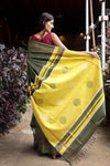 Utsaav ~ Raw Dupion Silk saree in Dark Olive Green and Pastel Yellow - verymuchindian.com