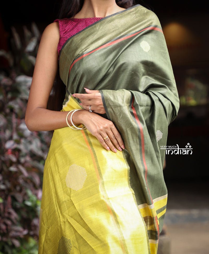 Utsaav ~ Raw Dupion Silk saree in Dark Olive Green and Pastel Yellow - verymuchindian.com