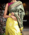 Utsaav ~ Raw Dupion Silk saree in Dark Olive Green and Pastel Yellow - verymuchindian.com