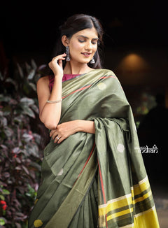 Utsaav ~ Raw Dupion Silk saree in Dark Olive Green and Pastel Yellow - verymuchindian.com