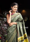 Utsaav ~ Raw Dupion Silk saree in Dark Olive Green and Pastel Yellow - verymuchindian.com