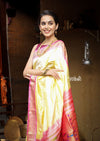 Utsaav ~ Traditional Handloom Pure Silk Paithani Pastel Light Yellow with Light Pink Border - verymuchindian.com