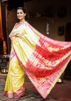 Utsaav ~ Traditional Handloom Pure Silk Paithani Pastel Light Yellow with Light Pink Border - verymuchindian.com