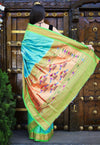 Utsaav ~ Traditional Pure Silk Handloom Paithani ~ Dual Tone Blue Green with Fresh Green Border - verymuchindian.com