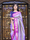 Utsaav ~ Traditional Pure Silk Handloom Paithani ~ Dual Tone Lavender with Purplish Pink Border - verymuchindian.com