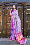Utsaav ~ Traditional Pure Silk Handloom Paithani ~ Dual Tone Lavender with Purplish Pink Border - verymuchindian.com