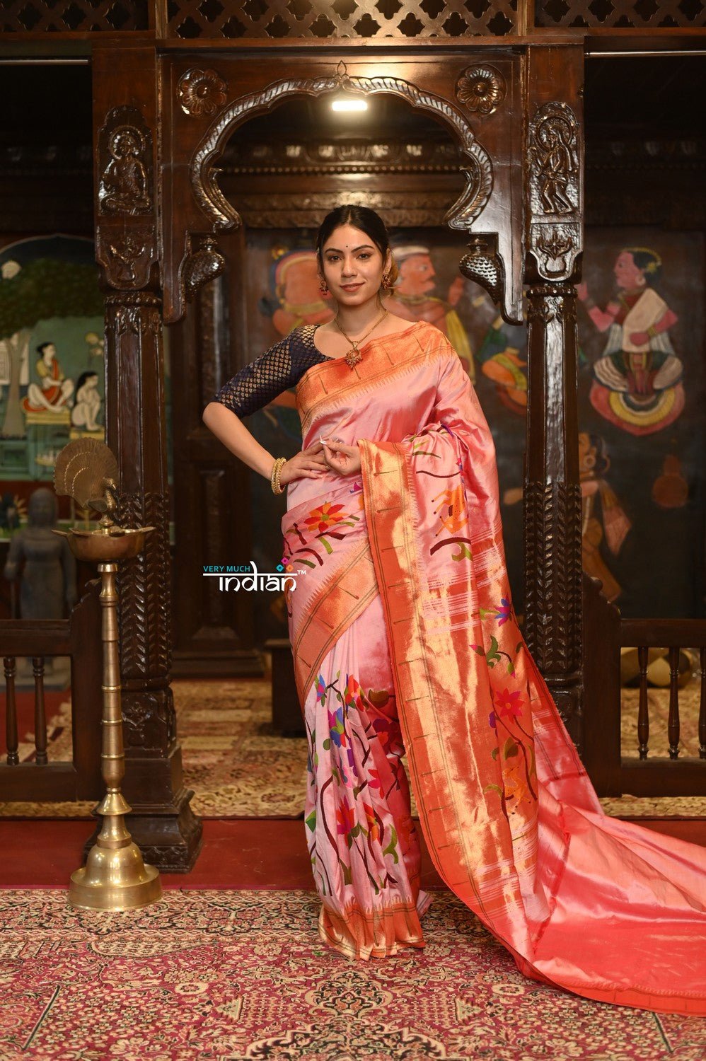 VMI Chosen Weave- Half allover High Quality Pure Silk Intricately Woven Handloom Paithani~ Pretty Peach - verymuchindian.com